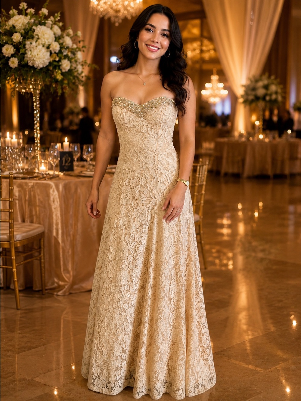 Strapless Lace Evening Gown in Light Champagne